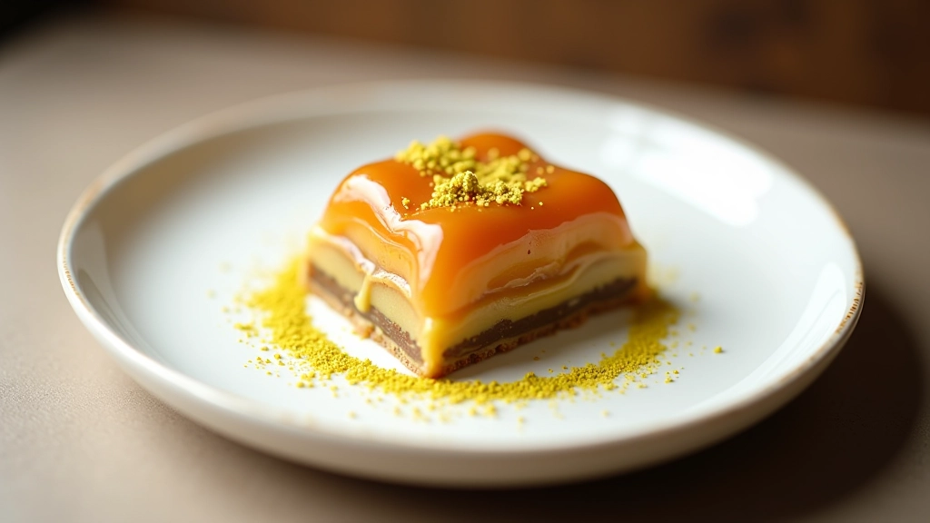 Beautifully plated baklava on a white ceramic plate with gold leaf and pistachio dust, minimalist presentation