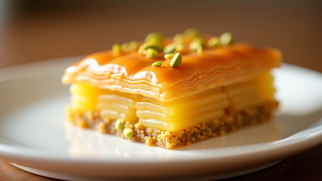 Golden baklava layers with chopped pistachios, drizzled with honey syrup
