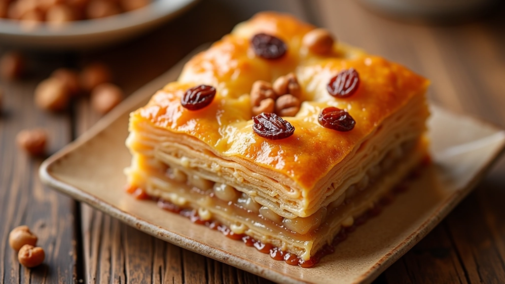 Hazelnut-topped pastry with raisins visible in the filling, showing the darker, more subtle color palette characteristic of Trabzon regional desserts