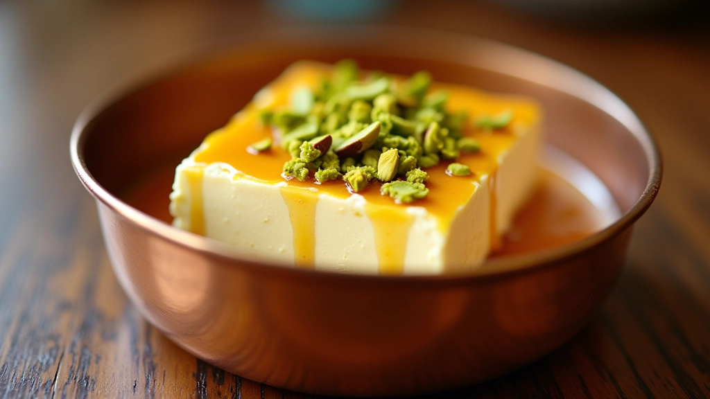 Künefe with melted cheese and pistachios in a traditional copper pan, drizzled with syrup