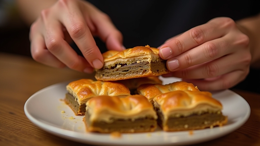 Hands breaking off a piece of golden baklava over a decorative white plate, showing the crispy phyllo layers and pistachio filling in detail