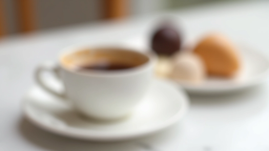Espresso cup with thick crema next to a small plate of Turkish delight and dark chocolate pieces