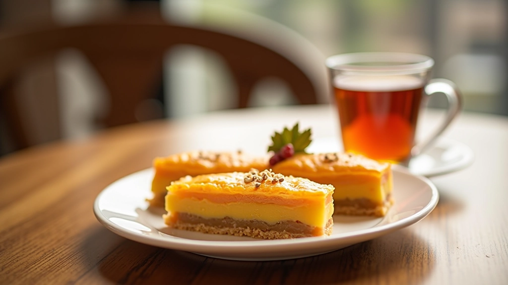 Three different Turkish pastries arranged on a white ceramic plate with Turkish tea in tulip glasses