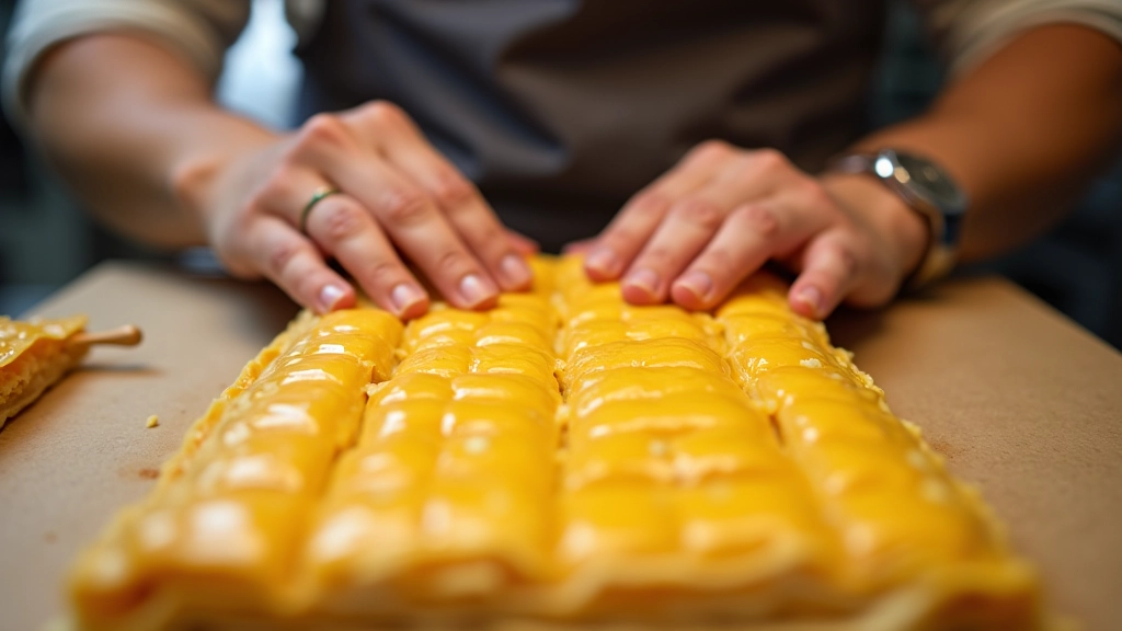Close-up of hands carefully layering thin phyllo dough with a pastry brush, golden butter visible, professional kitchen setting with stainless steel work surface