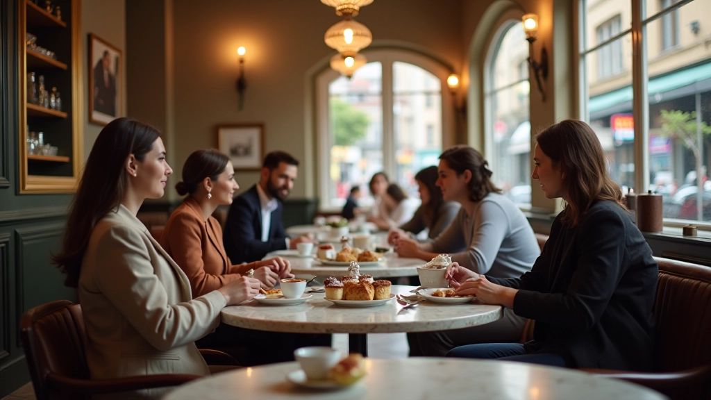 Interior of a traditional Istanbul café with marble tables, patrons enjoying tea and pastries, afternoon light streaming through windows