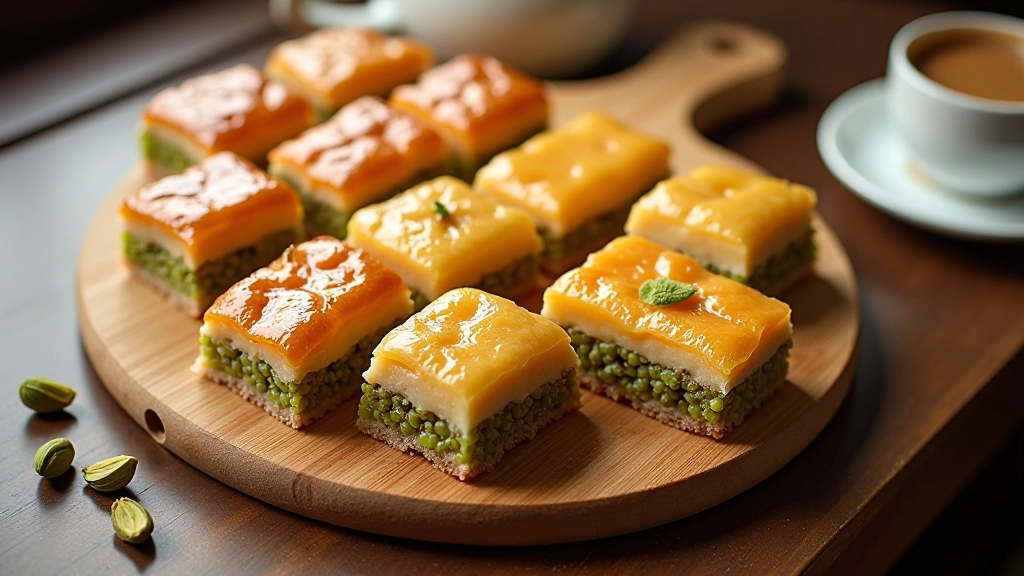 Overhead view of multiple baklava varieties arranged on a wooden board with pistachio nuts scattered around, natural daylight from above, minimalist food styling