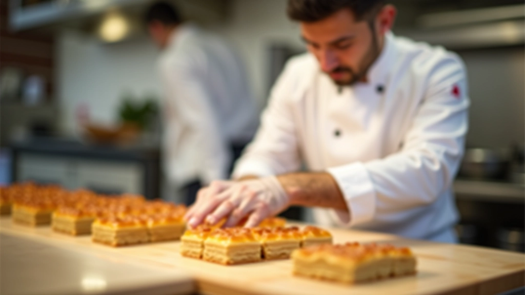 Artisan baker preparing traditional Turkish baklava in professional pastry kitchen