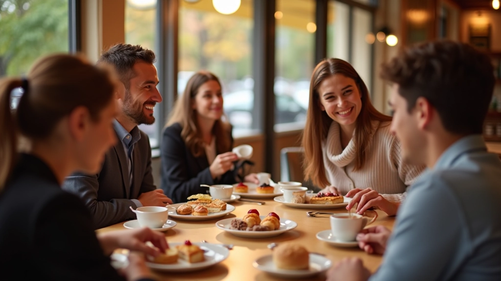 Group of friends enjoying desserts and coffee together in modern Istanbul café setting