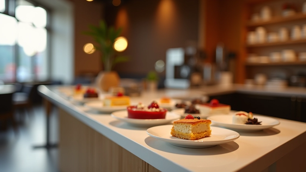 Modern patisserie display with artistic desserts