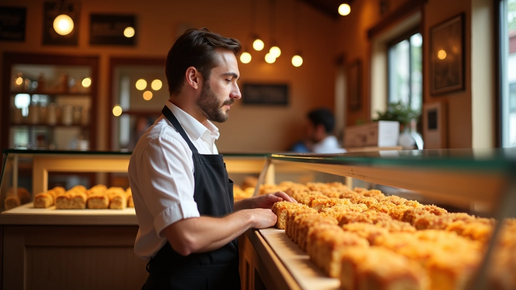 Interior of a traditional Istanbul baklava bakery with wooden display cases filled with golden pastries, warm morning light streaming through windows, shelves of traditional Turkish sweets